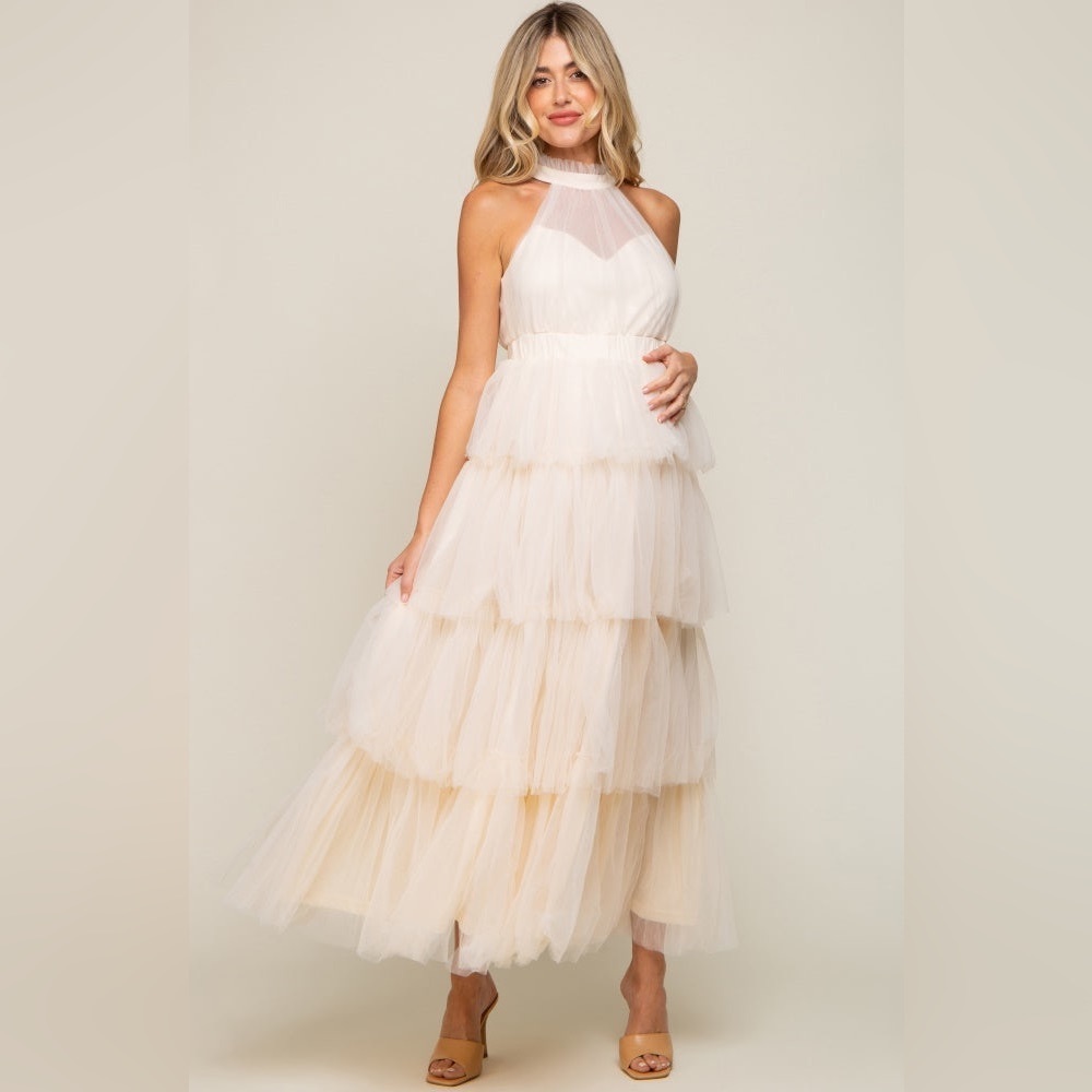 Pinkblush halter tulle ruffle tiered maxi dress nwot - Picture 1 of 5